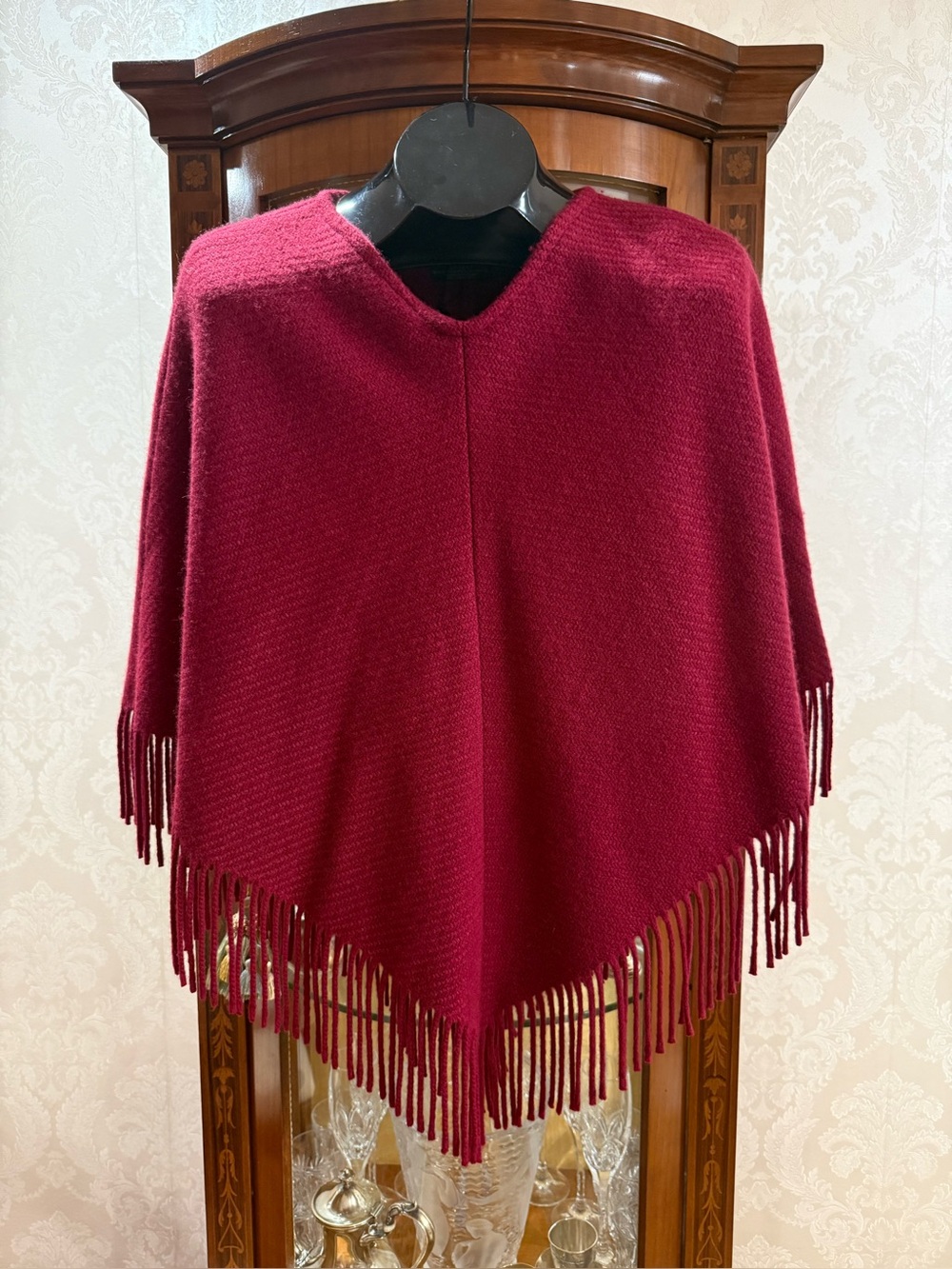 NWT Burberry London Cranberry Fringe Cashmere /  Wool Poncho